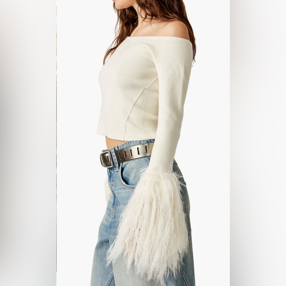 Free People Marilyn Faux Feather Trim Off the Shoulder Crop Sweater - Picture 9 of 10